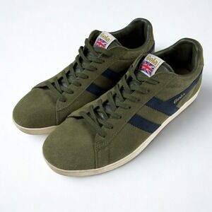 Gola Equipe Mens Size 13 Sneakers Olive Green Suede Retro Trainers UK Flag Logo